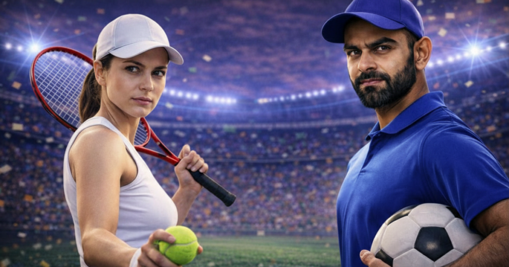 Tennis player and football player in stadium representing sports betting at 1xBet
