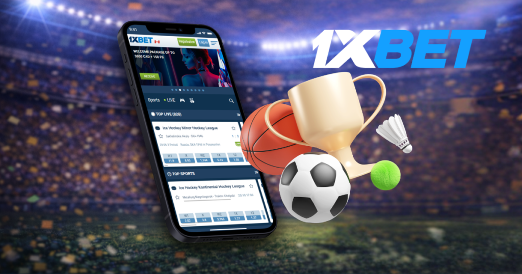 1xBet sports betting app with football, basketball, and live betting elements

