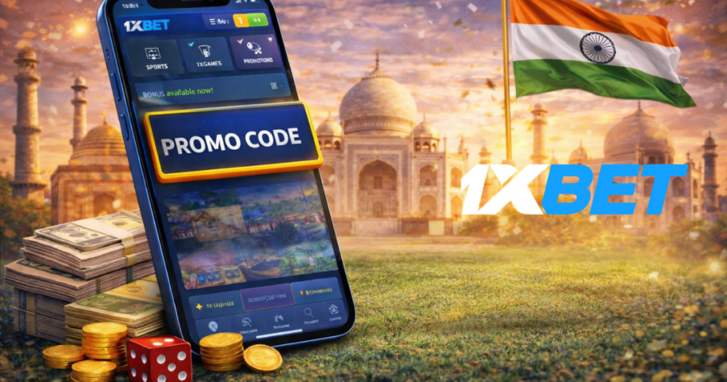 1xbet promo code India with Taj Mahal background and mobile app
