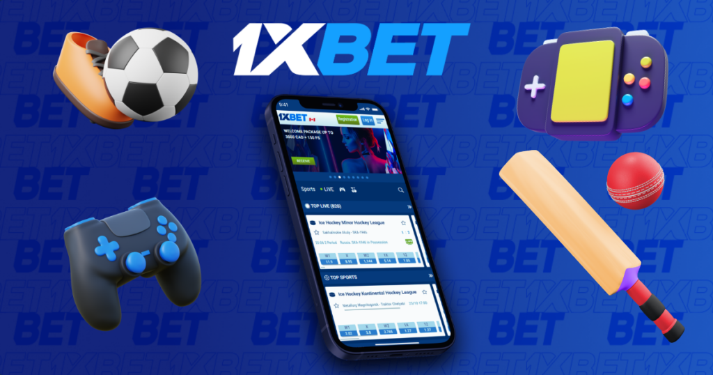 1xbet mobile betting app with sports icons and gaming elements illustration