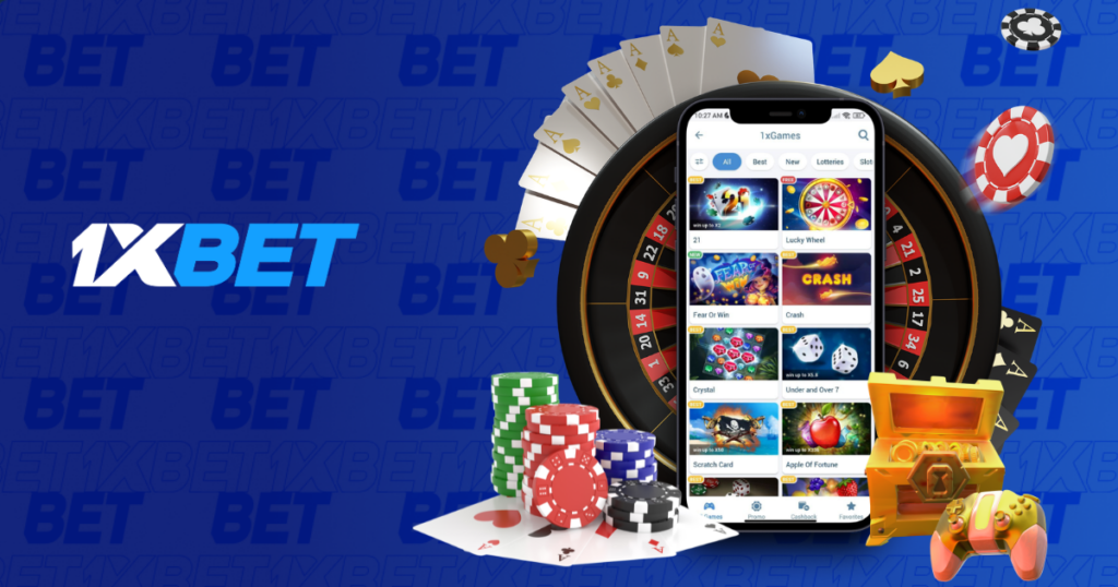 1xbet casino app with roulette wheel, poker chips and mobile games interface