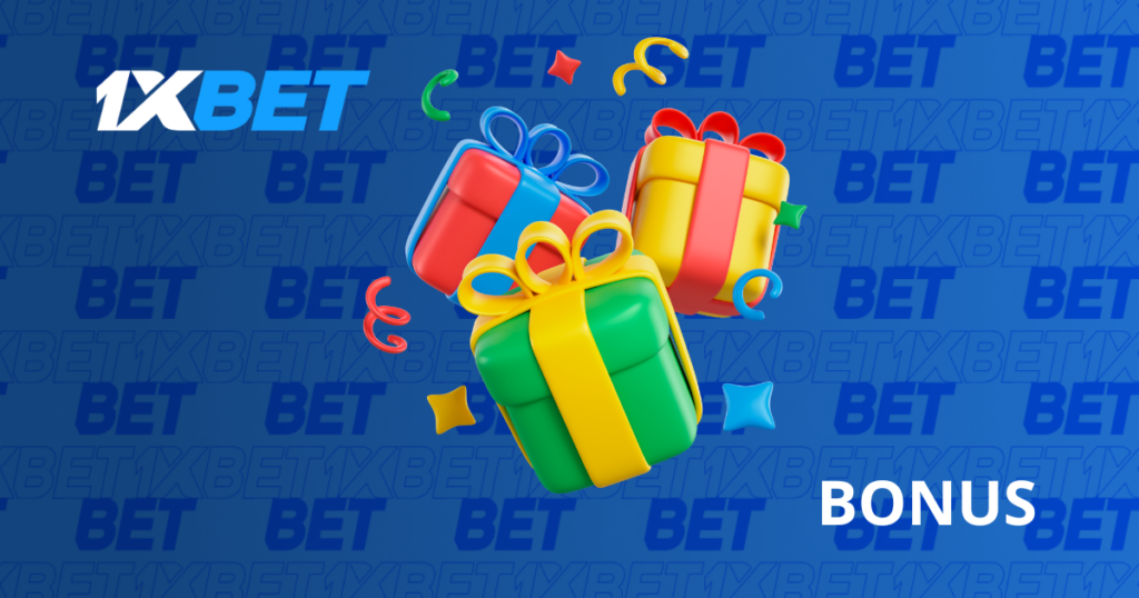1xbet bonus promotion with colorful gift boxes and confetti illustration
