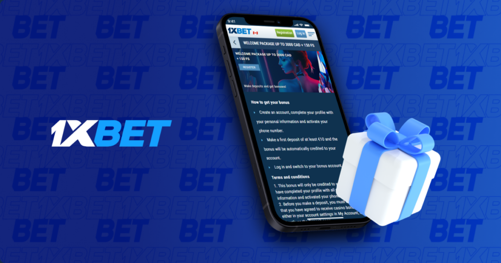 1xbet welcome bonus screen on smartphone with gift box illustration