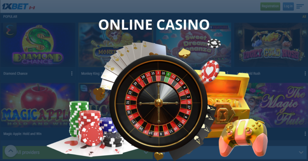1xBet online casino with roulette wheel, chips, cards, and gaming accessories
