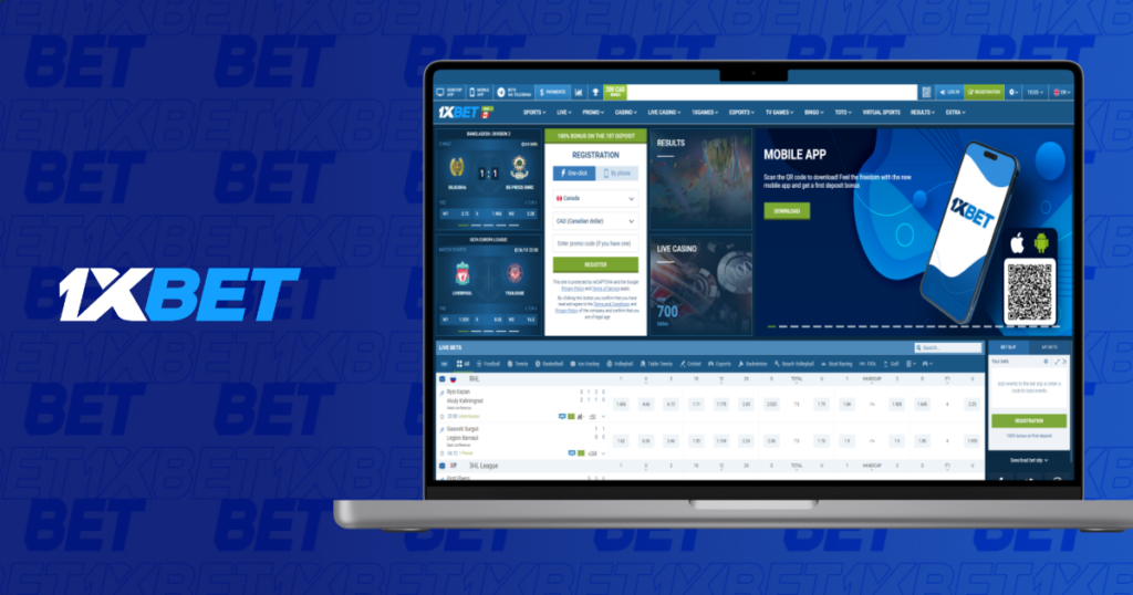 1xbet website on laptop displaying sportsbook, registration and betting interface