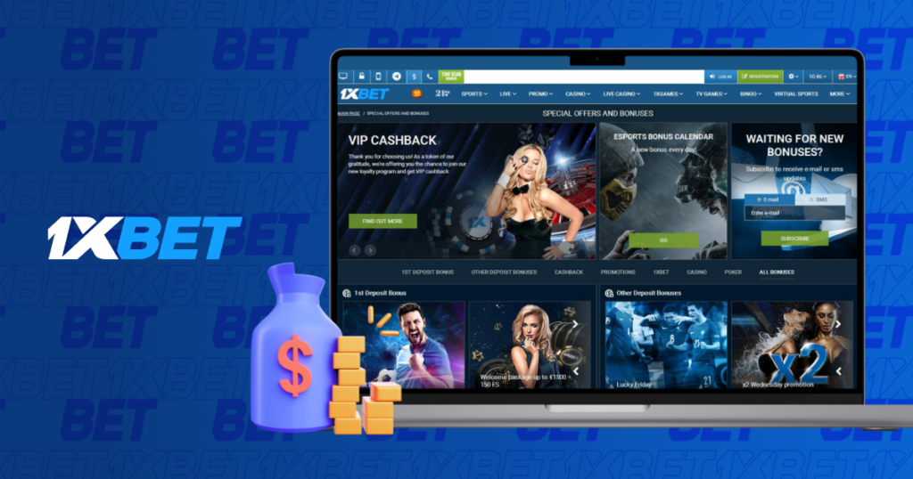 1xbet bonuses dashboard with VIP cashback and esports promotions