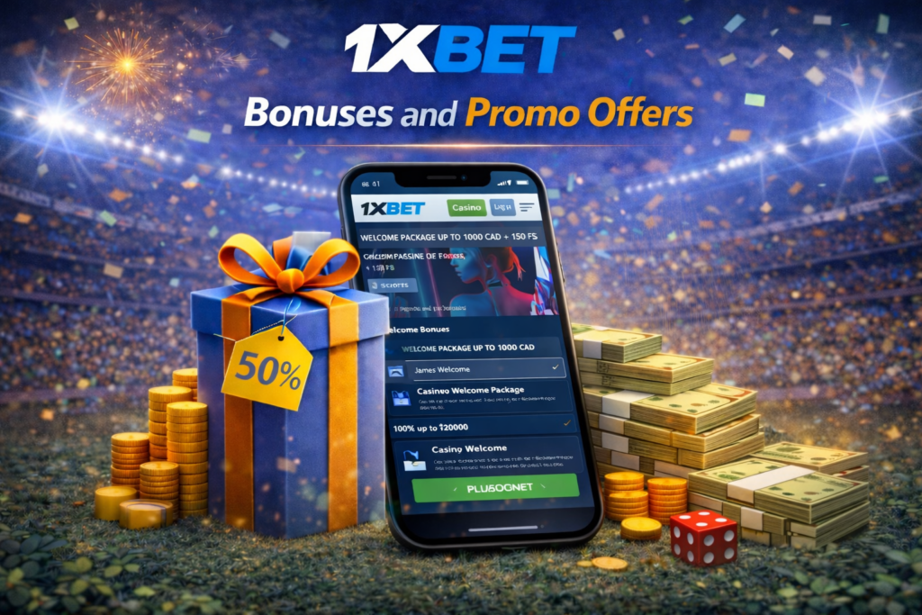 1xBet bonuses and promo offers with gift box, coins, and mobile app interface
