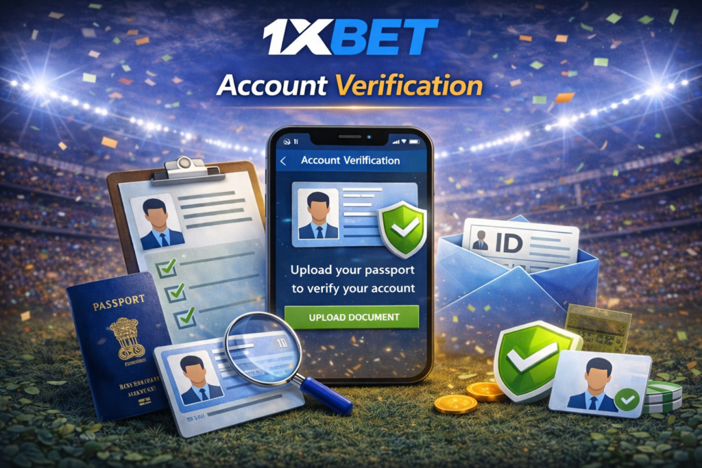 1xBet account verification process with ID documents and security icons
