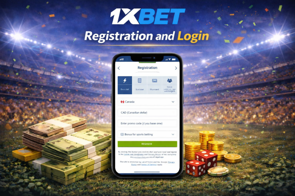 1xBet registration and login screen on smartphone with coins and cash