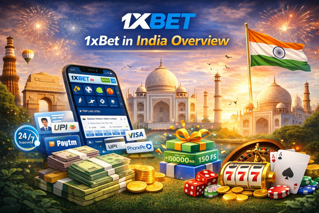 1xBet India overview with Taj Mahal, Indian flag, payment methods, and bonus offers

