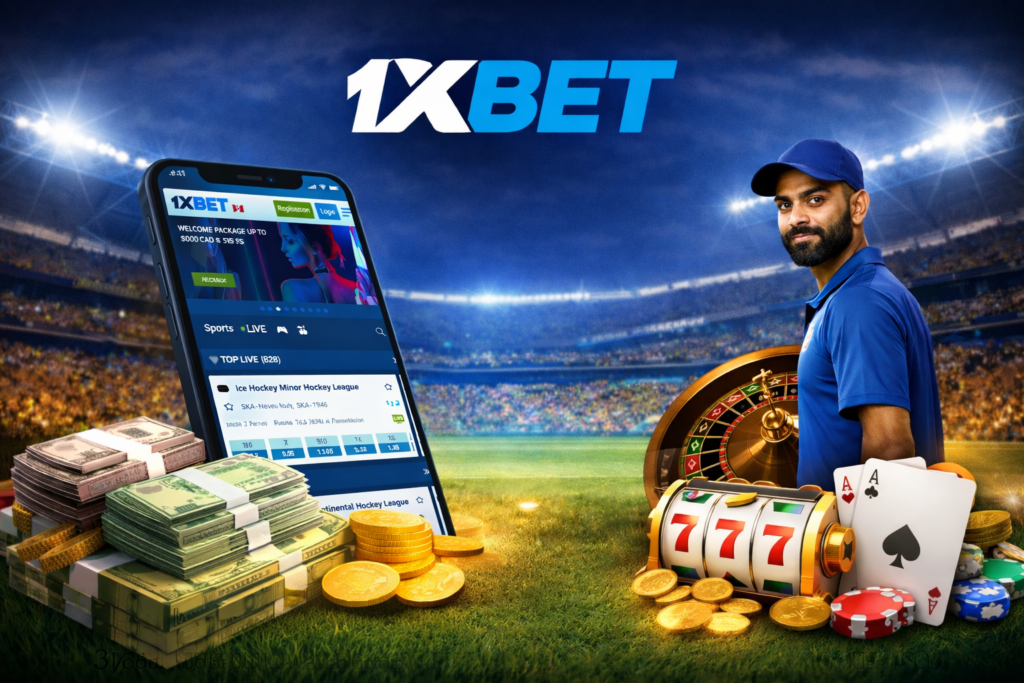 1xBet betting app with money stacks, casino elements, and football player in stadium