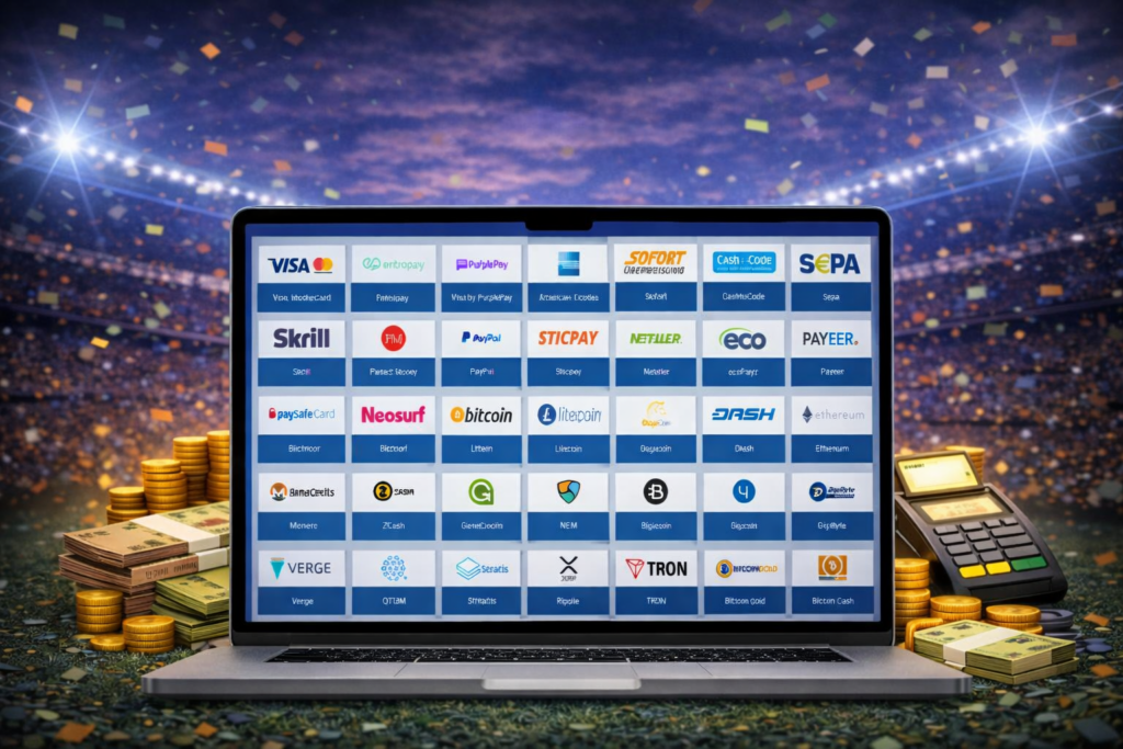 1xBet payment methods displayed on laptop with multiple e-wallets and crypto options
