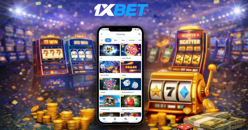 1xBet app interface with slot machines, coins, and casino-themed background
