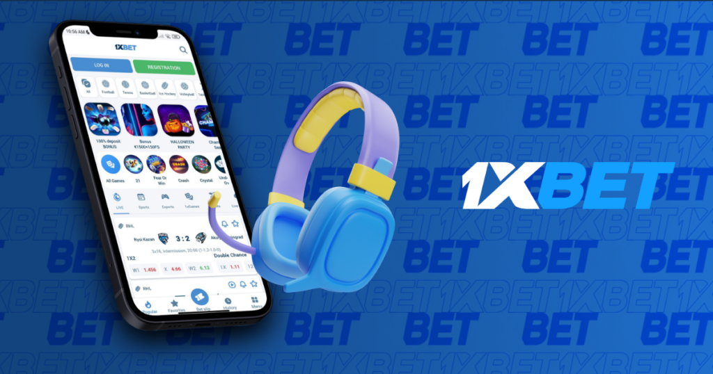 1xBet mobile app with headphones and betting interface in stadium background
