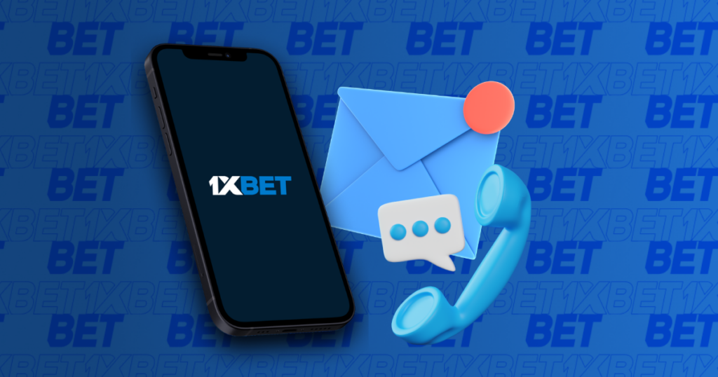 1xbet customer support concept with smartphone, chat and phone icons